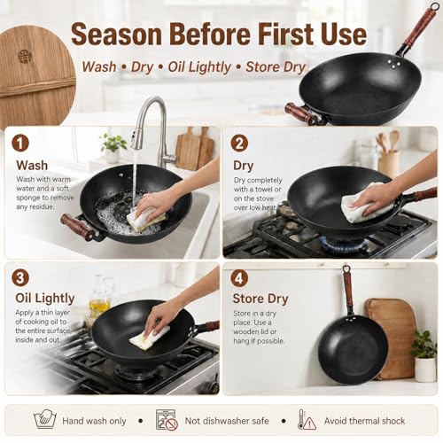 12.6 Inch Cast Iron Wok with Wooden Lid (12.6 Inch)