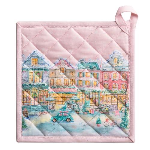 Pot Holders 100% Cotton Potholders (124 - Christmas Market - Pink / 8" x 8" (Pot Holder Pack of 1))