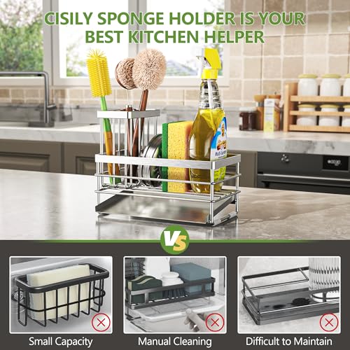 Sink Caddy Sponge Holder for Kitchen with Brush Holder and Stainless Steel Self Drain Tray (8.26'' / Silver)