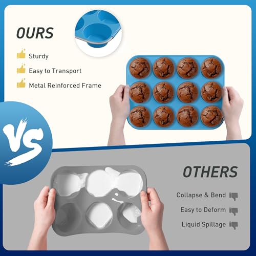 2 Pack 12 Cups Silicone Muffin Pan with Metal Reinforced Frame Regular Size Silicone Molds Cupcake Cake Baking Pans Cookie Baking Chocoflan Cupcake Mold Muffin Tin Tart Pans Necessities Cookware (2pc: 12-Cup Regular / Blue)