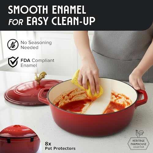MUELLER HOME 5.5 Quart Enameled Cast Iron Oval Dutch Oven w Rooster Knob & Cotton Potholders (5.5 Quart -Oval / Red)