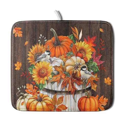 Fall Pumpkin Dish Drying Mat for Kitchen Counter Decor 16x18 Inch Halloween Thanksgiving Dish Drainer Mats Absorbent Reversible Dishes Pad (Pumpkin Bucket / 16" x 18")