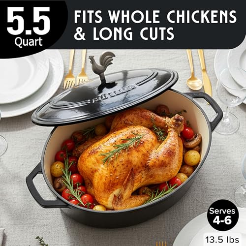MUELLER HOME 5.5 Quart Enameled Cast Iron Oval Dutch Oven with Rooster Knob & Cotton Potholders (5.5 Quart -Oval / Black)