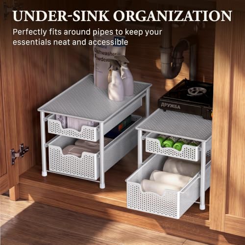 Stackable 2 Tier Sliding Basket Organizer Drawer (2-Tier / White)