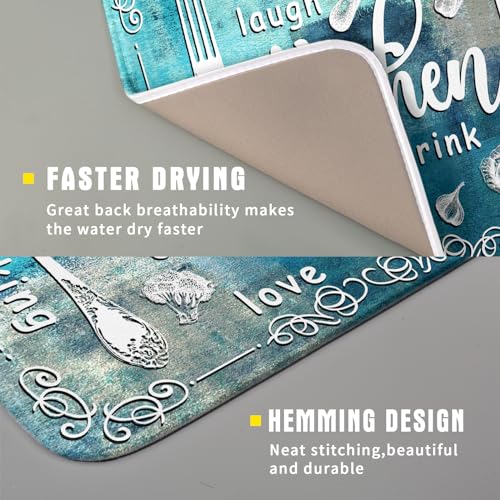 Blue Grey Dish Drying Mat 16x18 Inch Cooking Delicious Absorbent Drying Pad Heat Resistant Dish Drainer Mats for Kitchen Countertop (Blue Kitchen Cooking / 16" x 18")