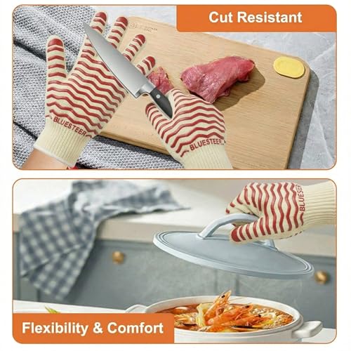 Oven Gloves 932°F Heat Resistant Oven Mitts with Fingers (White-red / One Size Fits Most)
