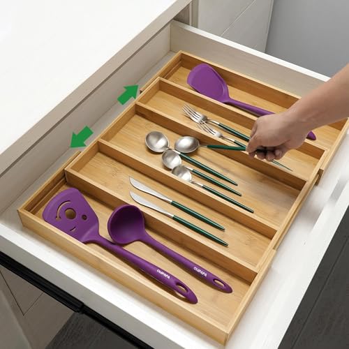 Bamboo Expandable Kitchen Drawer Organizer Silverware Utensil Tray (Natural / Large)