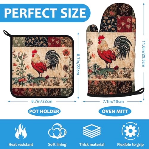 Rustic Rooster Oven Mitts and Pot Holders Sets Heat Resistant 4Pcs Potholders Oven Gloves Hot Pads for Kitchen Baking Cooking Grilling BBQ (Rustic Rooster)
