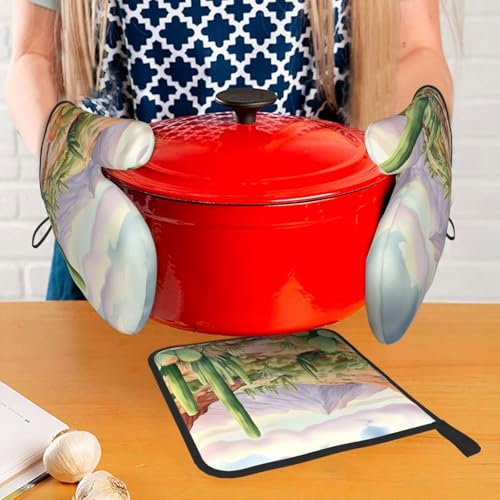 Desert Cactus Oven Mitts and Pot Holders Sets of 3 Heat Resistant Oven Gloves Hot Pads Non (Desert Cactus)