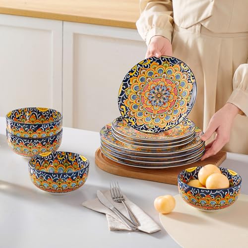 12 Pieces Dinnerware Sets (Service for 4 (12 Pcs) / Bohemian Dark Green)