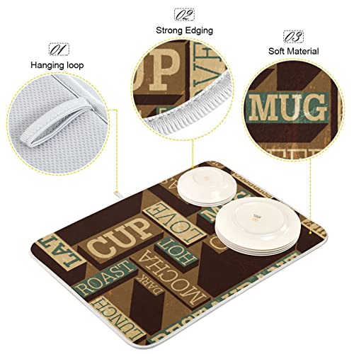 Super Absorbent Dish Drying Mat (Coffee Themed Seamless Retro / 16" x 18")