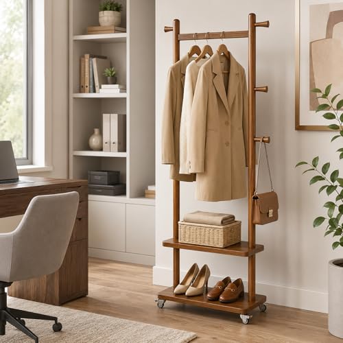 Coat Rack Freestanding Solid Wood Clothes Rack with Wheels