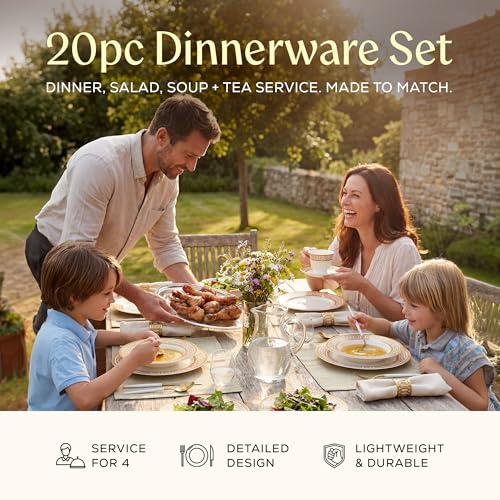 Golden Greek Key Bone China Dinnerware Set (20 Piece Set)