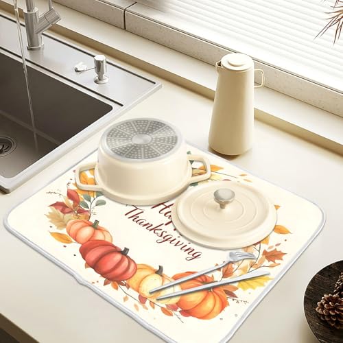 Pumpkin Happy Thanksgiving Dish Drying Mat for Kitchen Counter Absorbent Microfiber Large Drying Pad Dish mats for Kitchen Countertops 18 x 24 Inch (Thanksgiving Happy / 24" x 18")