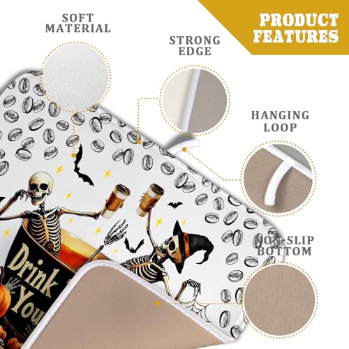 Funny Skull Coffee Mat for Table Counter Skeleton Dish Drying Mat Holiday Decoration for Home Coffee Bar (Dead Coffee White / 18" x 16")