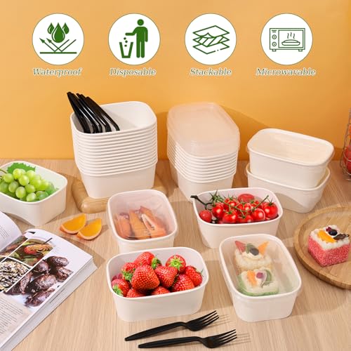 50 Pack 29oz Disposable Meal Prep Containers with Lids & Forks (29oz 50 Count / White Kraft Paper)