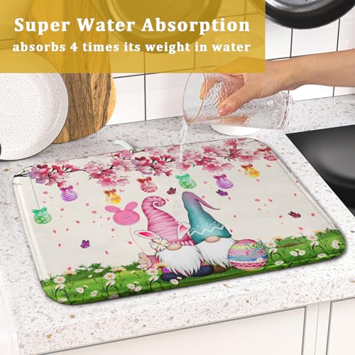 Easter Gnome Dish Drying Mat Floral Eggs Bunny Kitchen Drainer Mat 16x18 inch Absorbent Holiday Fast Dry Pad Protector for Counter Tabletop (Easter Gnome Egg / 16" x 18")