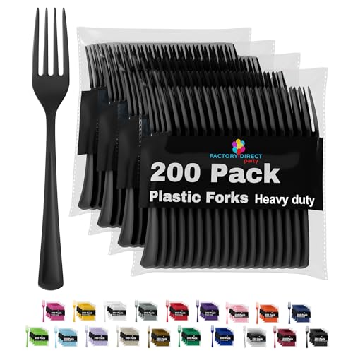 Black Plastic Forks 200 Pieces Black Forks Disposable Utensils Heavy Duty Plastic Cutlery Set Disposable Cutlery Sets Flatware Sets Silverware Set Party Supplies & Party Tableware (Black / Forks)