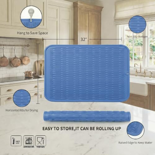 Silicone Dish Drying Mat for Multiple Usage (Lichen Blue / 32"L x 18"W)