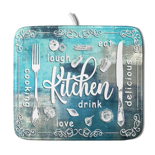 Blue Grey Dish Drying Mat 16x18 Inch Cooking Delicious Absorbent Drying Pad Heat Resistant Dish Drainer Mats for Kitchen Countertop (Blue Kitchen Cooking / 16" x 18")