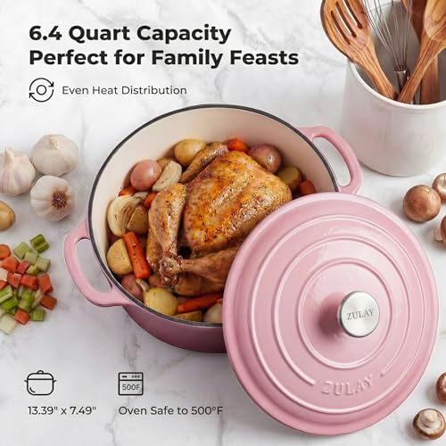 6.4QT Enameled Cast Iron Dutch Oven Pot with Lid (Pink / 6.4 Quart)