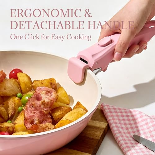 Ceramic Cookware Set Non Stick 8Pcs Pots and Pans Set Removable Handle Induction Kitchen Cookware Set with Frying Pans Oven Safe (Light Pink)