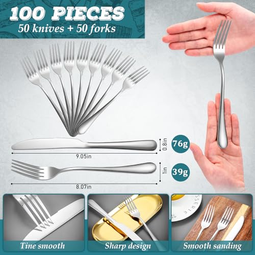 100 Pieces Stainless Steel forks and knives Dinner Flatware Set Tableware Cutlery for Butter Kitchen Restaurant (9.06 Inches, 8.07 Inches / Silver)