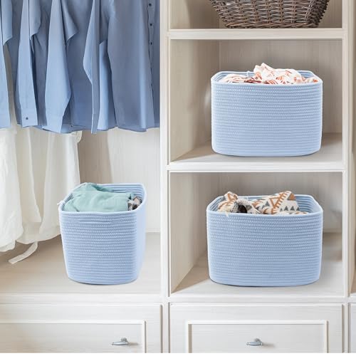 Woven Cotton Rope Storage Baskets 15x10x9.3" 3 Pack Light Blue (light blue)