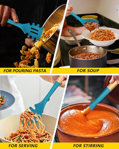 Silicone Soup Ladle and Pasta Spoon Set with Wooden Handle (2 Count)