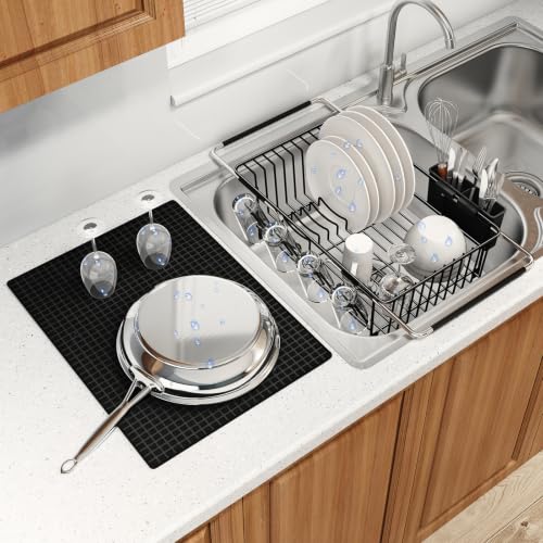Expandable Dish Drying Rack Over Sink with Extra Drying Mat (Black / For 11.5"-16" W Sink with Cup Holder & Mat)