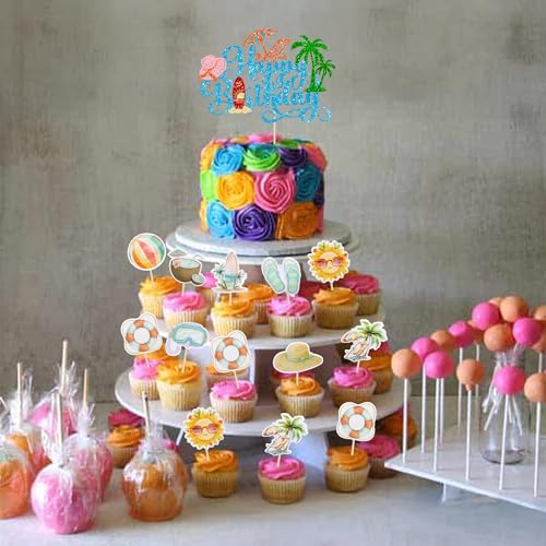 37Pcs Summer Beach Pool Cupcake Toppers Glitter Beach Happy Birthday Cake Topper Ball Sun Umbrella Water Gun Cupcake Picks for Tropical Hawaii Theme Birthday Party Decorations Supplies Blue (Blue 3)