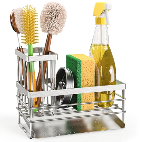 Sink Caddy Sponge Holder for Kitchen with Brush Holder and Stainless Steel Self Drain Tray (8.26'' / Silver)
