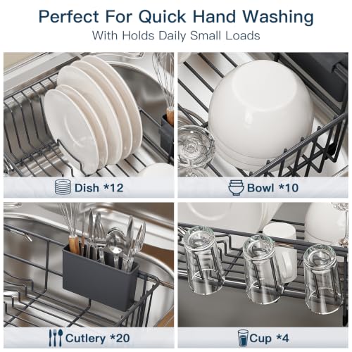 Grey Expandable Dish Drying Rack Over Sink with Extra Drying Mat (Gray / For 11.5"-16" W Sink with Cup Holder & Mat)