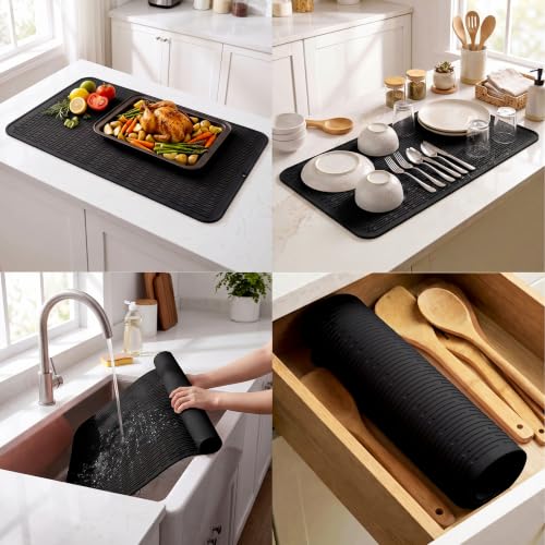 Silicone Dish Drying Mat for Multiple Usage (Black / 36"L x 18"W)