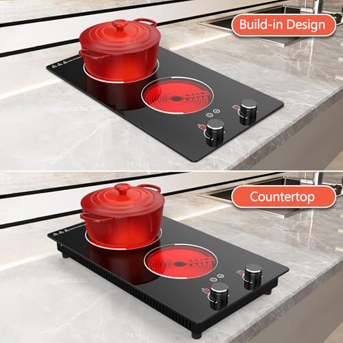 110v Electric Cooktop 2 Burners 12'' Electric Stove Top Knob Control (Black 2 Burner)