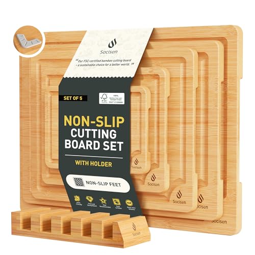 5 Packs Bamboo Cutting Board Set with Non Slip Feet Holder and Over Sink Nice Solid Thick Wood Juice Groove Chopping Board Small Big Xl XXl xlarge Oversized Kitchen Counter Organic Vegetable Meat Kit (5 Pack with Holder / Natural)