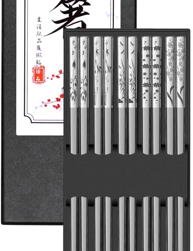 Metal Chopsticks Reusable 18 (Flower Silver 5 Pairs)