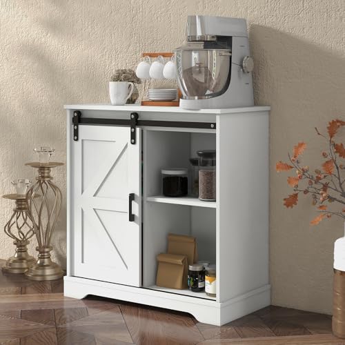 Sliding Barn Door Buffet Sideboard Storage Cabinet Coffee Bar Kitchen Farmhouse Style (White)