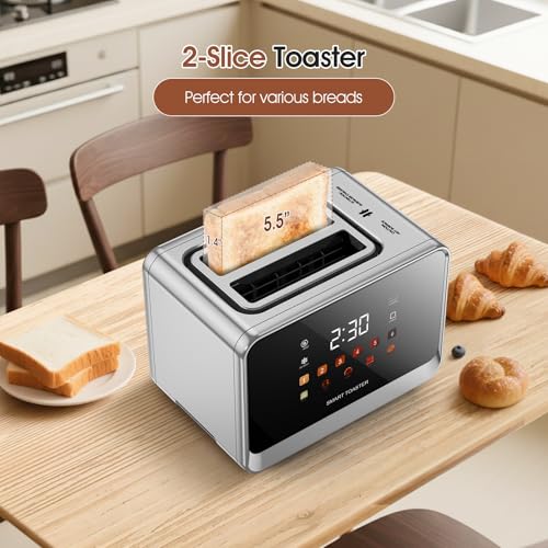 Toaster Touch Screen Toaster 2 Slice with LCD Display Stainless Steel Digital Timer Toasters 6 Bread Types& 6 Shade Settings Smart Extra Wide Slots Tostadora With Bagel Cancel (Clear)