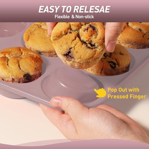 2 Pack 6 Cups Jumbo Muffin Pan with Metal Reinforced Frame Silicone Molds Egg Bites Silicone Circle Cookie Molds Extra Large Muffin Tin Jumbo Tart Pans Baking Sheet Set for Sandwiches (2pc: 6-Cup Jumbo / Morandi Pink)