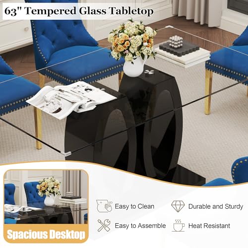 63" Glass Dining Table Set for 6 (Black Table & Gold Blue Chair / 7-Piece Set-Double O-Shaped Table)