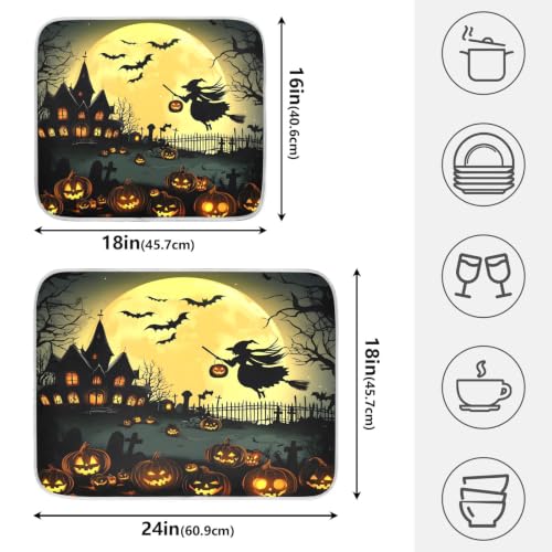 Halloween Night Pumpkins Witch Dish Drying Mat for Kitchen Counter Absorbent Microfiber Small Drying Pad Dish mats for Kitchen Countertops 16 x 18 Inch (Halloween Night / 18" x 16")
