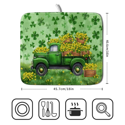Dish Drying Mat for Kitchen Counter St Patricks Festival Decor Small (Green Lucky Truck / 18" x 16")