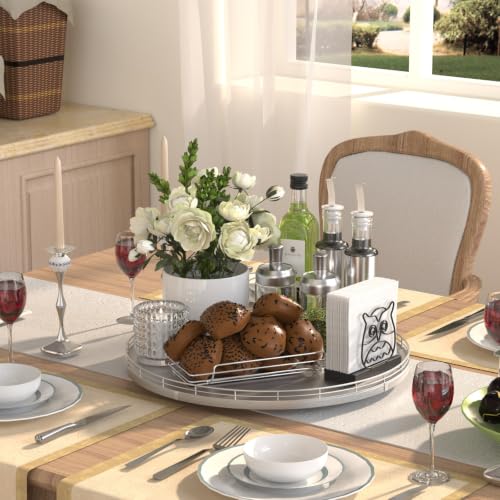 16 Inch Oak Lazy Susan Organizer with Silver Iron Rail (Silver / 16)