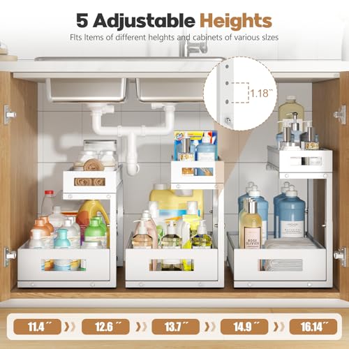 2 Pack 17IN Depth Under Sink Storage Organizer (White / 2 Pack-17"Dx11.4"-16.14"H)