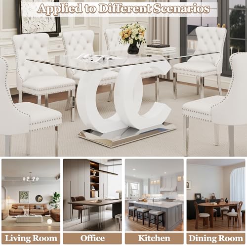 7 Piece Glass Dining Table Set for 6 (White Table & Silver White Chair / 7-Piece Set-OC-Shaped Table)