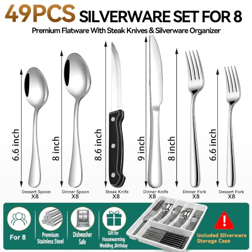49 Piece Silverware Set with Organizer (Silver)
