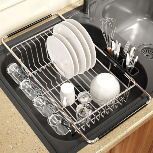 Expandable Dish Drying Rack Over Sink with Anti (Silver / For 11.5"-16" W Sink with Cup Holder)