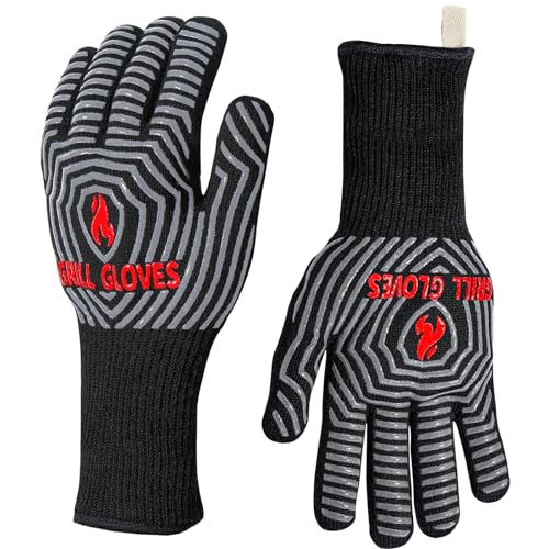 BBQ Gloves Oven Gloves 1472℉ Extreme Heat Resistant (Black / One Size Fits Most(Long Cuff))