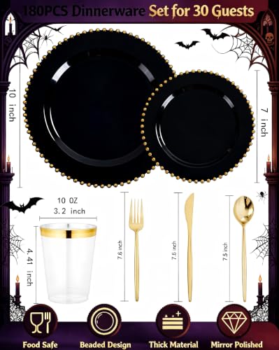 180PCS Black and Gold Plastic Plates Dinnerware Set for 30 Guests (Black and Gold Plastic Dinnerware Set / 180PCS)